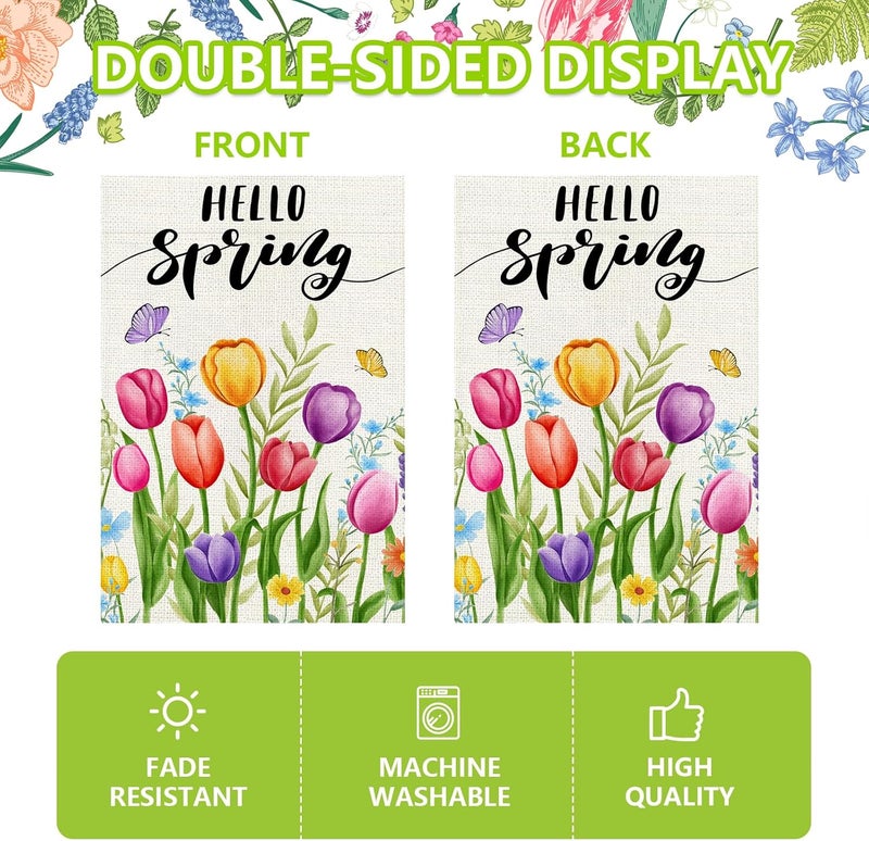 Agroon Hello Spring Garden Flag 12x18 Inch, Double Sided Colorful Tulips Flag, Seasonal Flower Yard Outdoor Decoration - Image 5